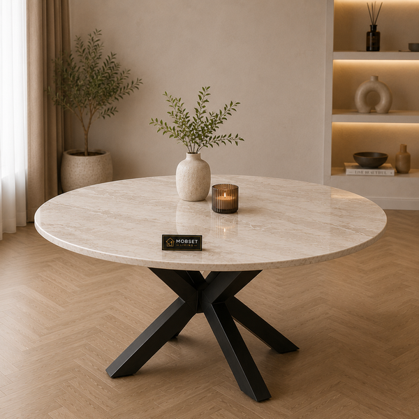 Ronde Travertin Eettafel 130 cm Witte blad - Zwarte X-poot - Luna