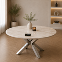 Ronde Travertin Eettafel 130 cm Witte blad- Zilveren X-poot - Rosa
