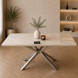Rechthoekige Travertin Eettafel 180x90 cm Crème - Zilveren X-poot - Rosa