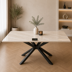 Langwerpige Travertin Eettafel 180x90 cm Crème - Zwarte X-poot - Luna