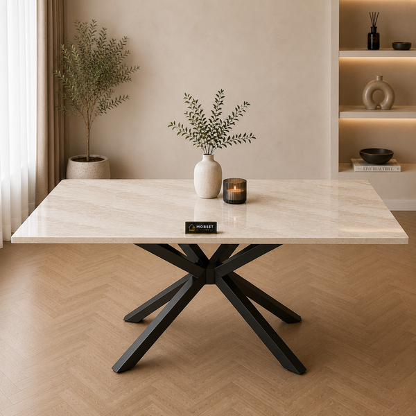 Eettafel Travertin Crème Stijlvolle Zwarte Poten 180cm - Luna