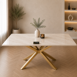 Rechthoekige Travertin Eettafel 180x90 cm Crème - Gouden X-poot - Elena