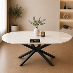 Ovale Travertin Eettafel 180x90 cm Crème - Zwarte X-poot - Luna