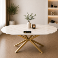 Ovale Travertin Eettafel 180x90 cm Crème - Gouden X-poot - Elena