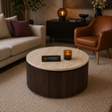 Salontafels Japandi travertin rond bruin 100cm - Kimberly
