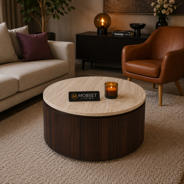 Salontafels Japandi travertin rond bruin 100cm - Kimberly