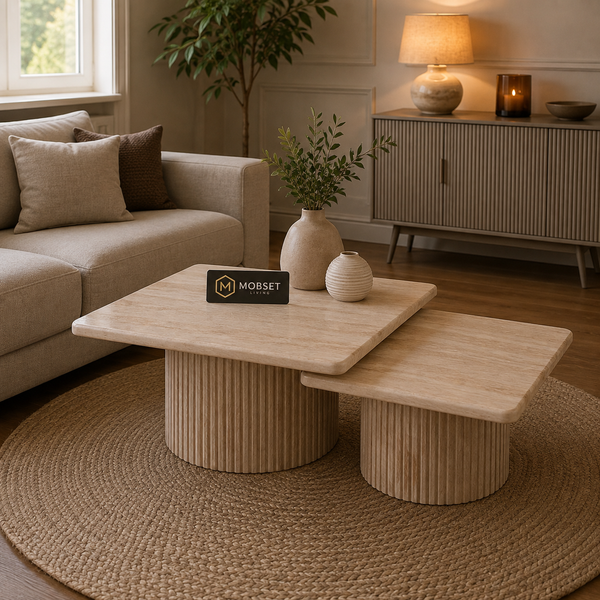 Japandi salontafel set – 2-delig, rechthoekig travertin beige