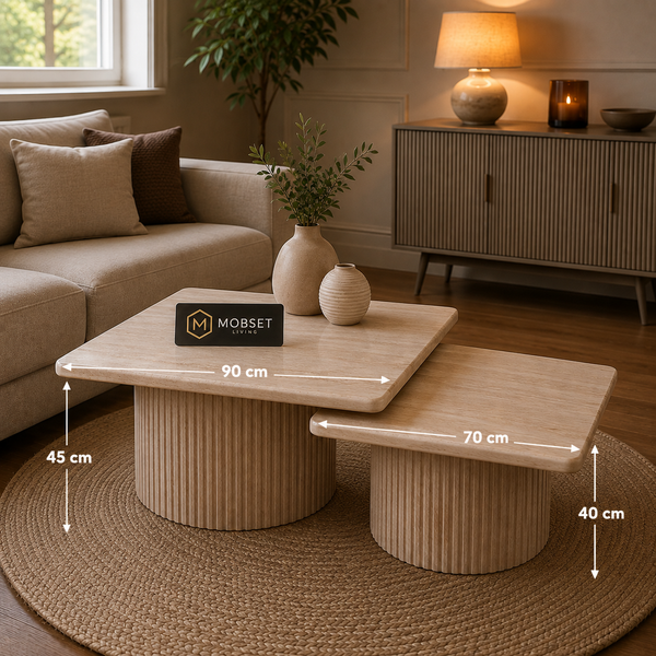 Japandi salontafel set – 2-delig, rechthoekig travertin beige