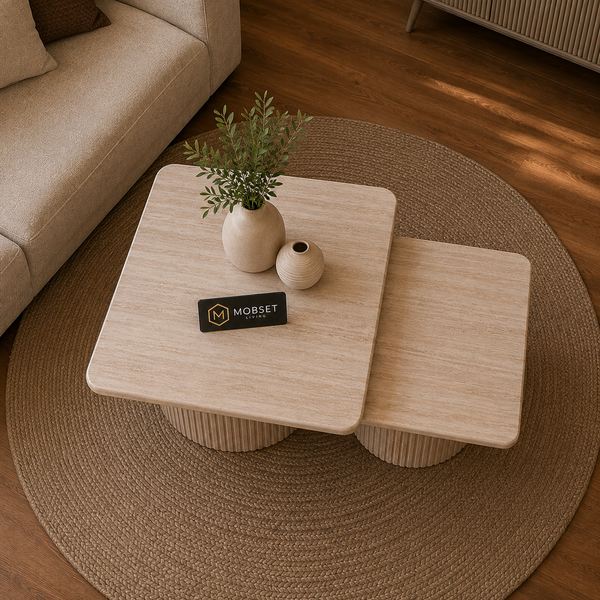 Japandi salontafel set – 2-delig, rechthoekig travertin beige