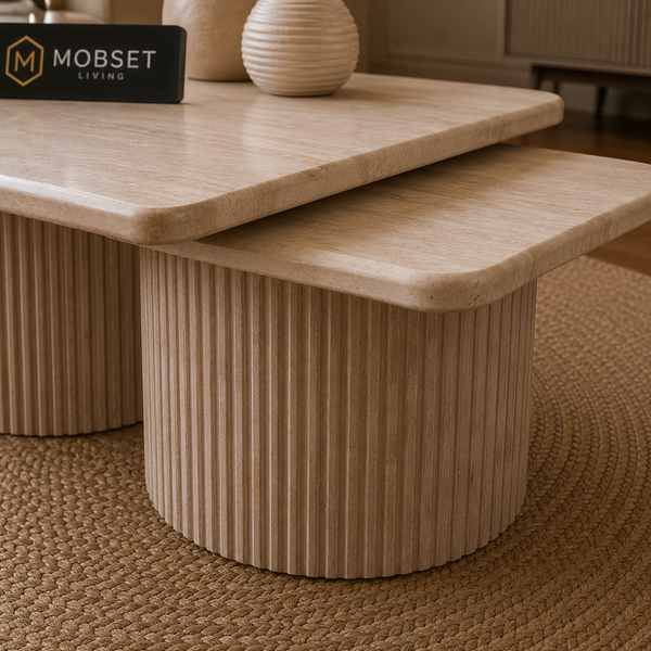 Japandi salontafel set – 2-delig, rechthoekig travertin beige