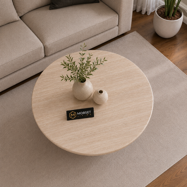 Japandi Salontafel Rond – Travertine Blad
