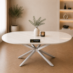 Ovale Travertin Eettafel 180x90 cm Crème - Zilveren X-poot - Rosa