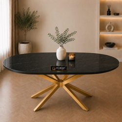 Ovale Zwarte Travertin Eettafel 160x90 cm Gouden X-poot - Amira