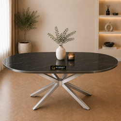 Ovale Zwarte Travertin Eettafel 160x90 cm Zilveren X-poot - Dina