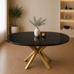 Ronde Zwarte Travertin Eettafel 130 cm Gouden X-poot - Amira