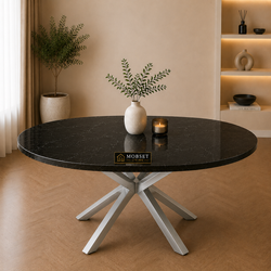 Ronde Zwarte Travertin Eettafel 130 cm Zilveren X-poot - Dina