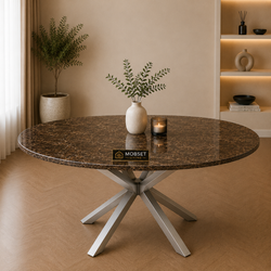 Ronde Bruine Travertin Eettafel 130 cm Zilveren X-poot - Luna