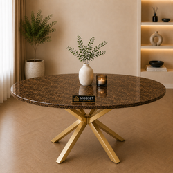 Ronde Bruine Travertin Eettafel 130 cm Gouden X-poot - Luna