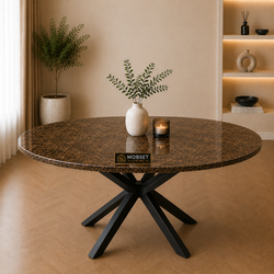 Ronde Bruine Travertin Eettafel 130 cm Zwarte X-poot - Luna
