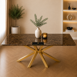 Rechthoekige Bruine Travertin Eettafel 180x90 cm Gouden X-poot - Luna