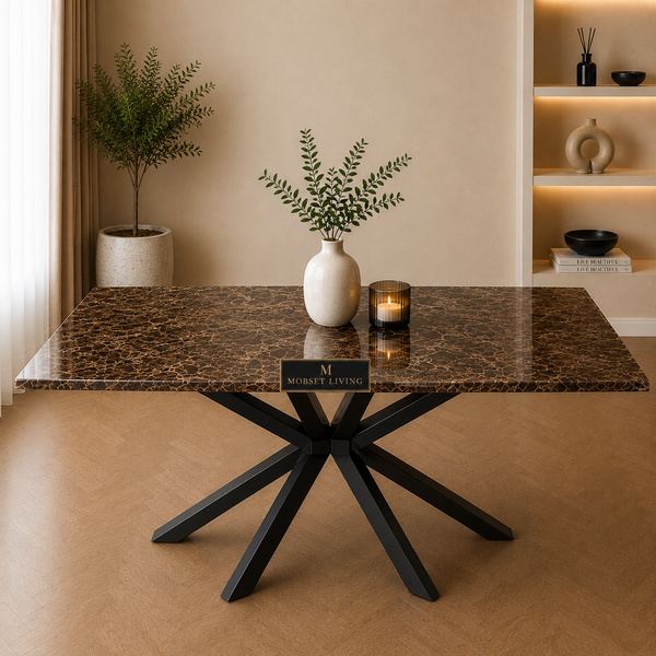 Rechthoekige Bruine Travertin Eettafel 180x90 cm Zwarte X-poot - Luna