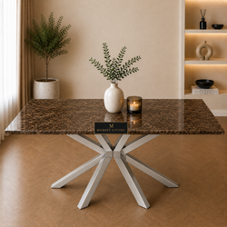 Rechthoekige Bruine Travertin Eettafel 180x90 cm Zilveren X-poot - Luna