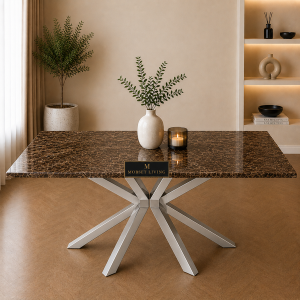 Rechthoekige Bruine Travertin Eettafel 180x90 cm Zilveren X-poot - Luna
