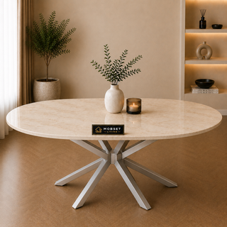 Eettafel Ovaal Beige Travertin met x poten zilver 180cm