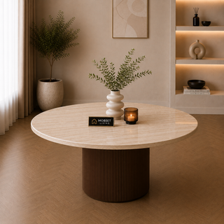 Eettafel Japandi travertin rond bruin 130 cm - Kimberly