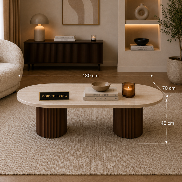 Salontafel Japandi travertin 2 potig bruin Ovaal 130 cm - Kimberly