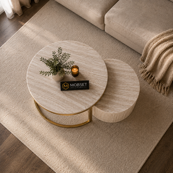 Japandi Dubblo salontafel set – Travertin blad & goud accent