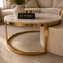 Japandi Dubblo salontafel set – Travertin blad & goud accent