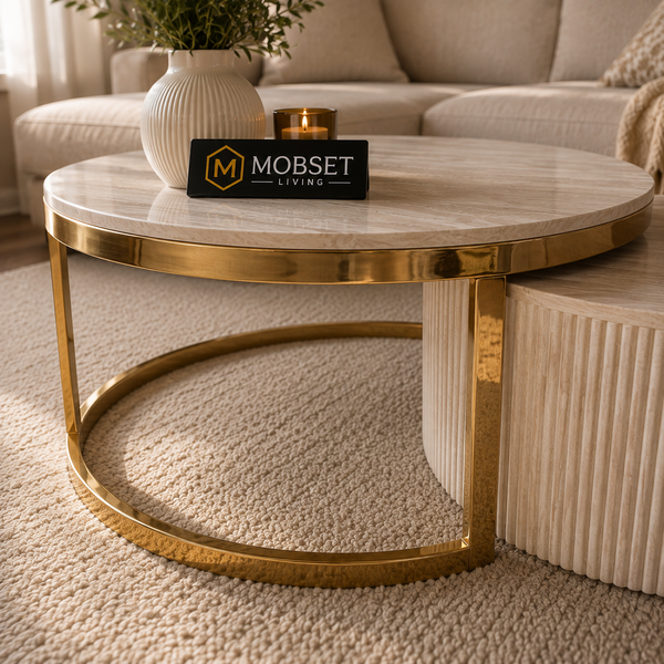 Japandi Dubblo salontafel set – Travertin blad & goud accent