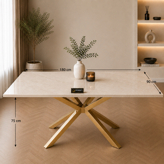 Rechthoekige Travertin Eettafel 180x90 cm Witte blad - Gouden X-poot - Elena