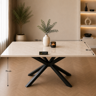Langwerpige Travertin Eettafel 180x90 cm Witte blad - Zwarte X-poot - Luna
