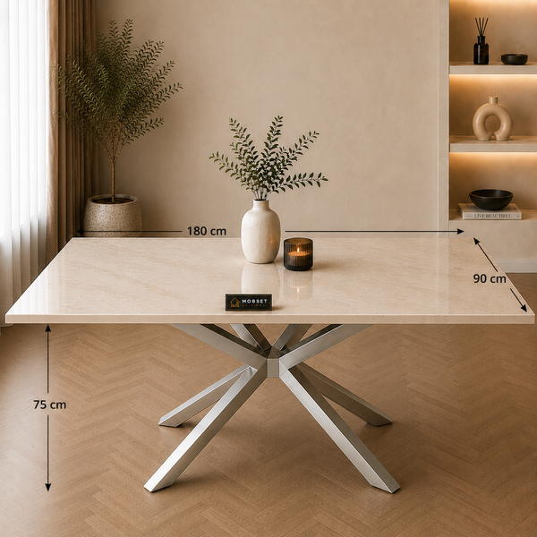 Rechthoekige Travertin Eettafel 180x90 cm Witte blad - Zilveren X-poot - Rosa