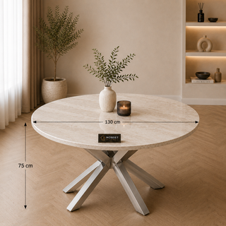 Ronde Travertin Eettafel 130 cm Witte blad- Zilveren X-poot - Rosa