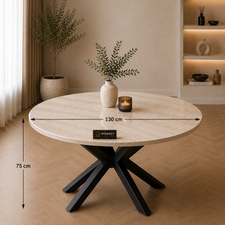 Ronde Travertin Eettafel 130 cm Witte blad - Zwarte X-poot - Luna