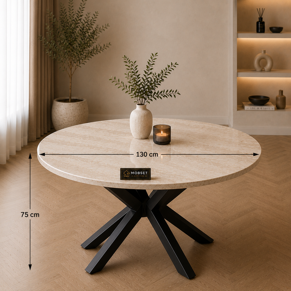 Ronde Travertin Eettafel 130 cm Witte blad - Zwarte X-poot - Luna
