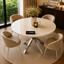 Ronde Travertin Eettafel 130 cm Witte blad- Zilveren X-poot - Rosa