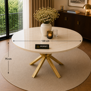 Ronde Travertin Eettafel 130 cm  Witte blad- Gouden X-poot - Elena