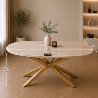 Ovale Travertin Eettafel 180x90 cm Witte blad- Gouden X-poot - Elena