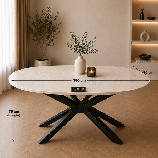 Ovale Travertin Eettafel 180x90 cm Crème - Zwarte X-poot - Luna