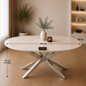 Ovale Travertin Eettafel 180x90 cm Witte blad- Zilveren X-poot - Rosa