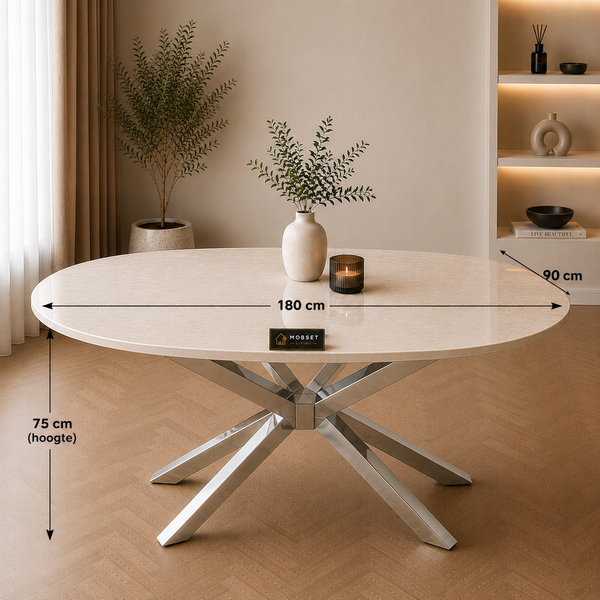 Ovale Travertin Eettafel 180x90 cm Witte blad- Zilveren X-poot - Rosa
