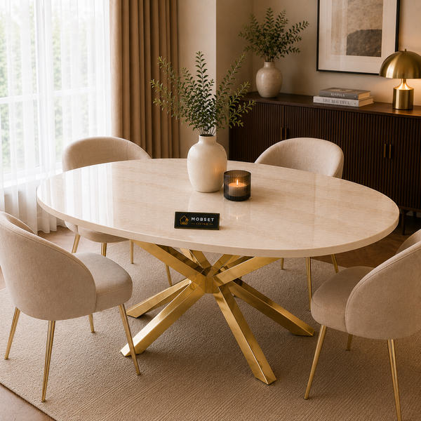 Ovale Travertin Eettafel 180x90 cm Witte blad- Gouden X-poot - Elena