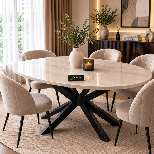 Ovale Travertin Eettafel 180x90 cm Crème - Zwarte X-poot - Luna