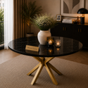 Ronde Zwarte Travertin Eettafel 130 cm Gouden X-poot - Amira