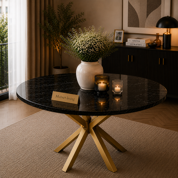 Ronde Zwarte Travertin Eettafel 130 cm Gouden X-poot - Amira