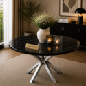 Ronde Zwarte Travertin Eettafel 130 cm Zilveren X-poot - Dina